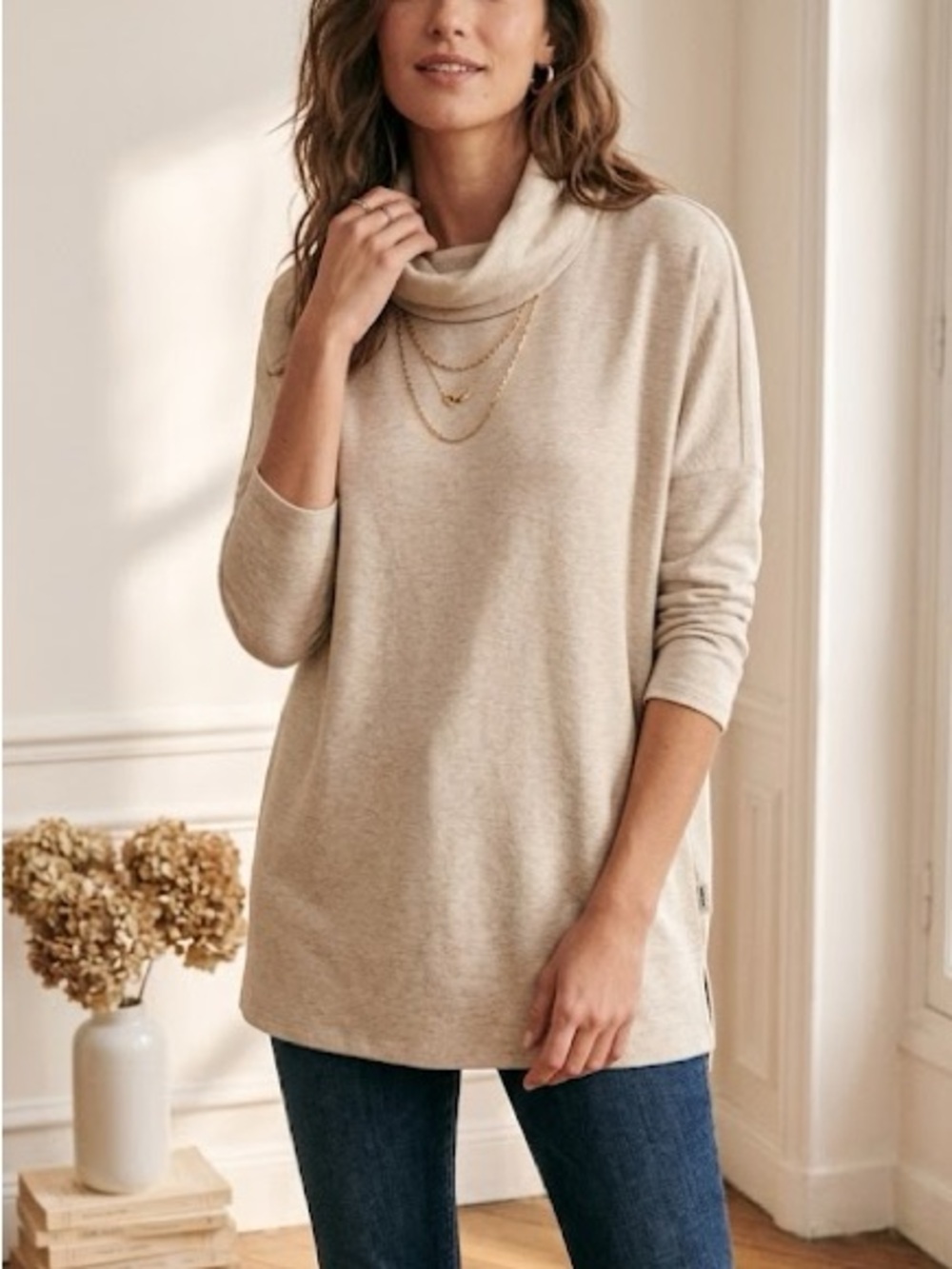Relaxed French Terry Turtleneck Tunic 3/4 Sleeve Top Light Beige Oatmeal Heather